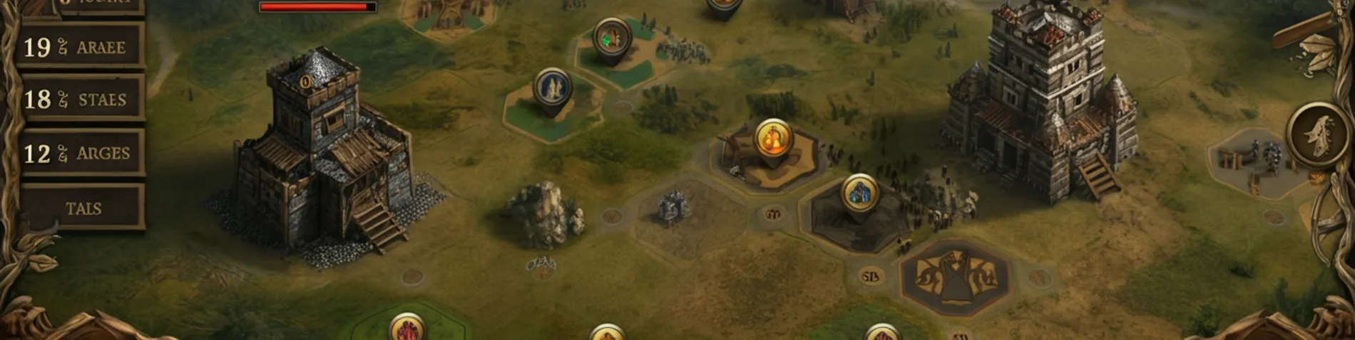 Interfaz de Travian mostrando un héroe con atributos de ataque, edificio de cuartel entrenando tropas y oasis en el mapa