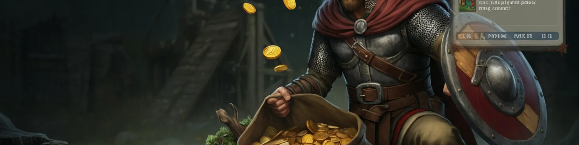 Héroe guerrero medieval con bolsa de recursos en Travian, monedas y madera derramándose, pantalla de construcción al fondo