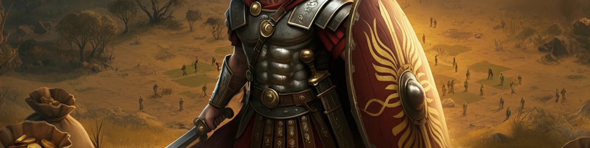 Héroe romano en Travian con inventario de equipo, barra de experiencia y mapa de oasis al 100% de vida
