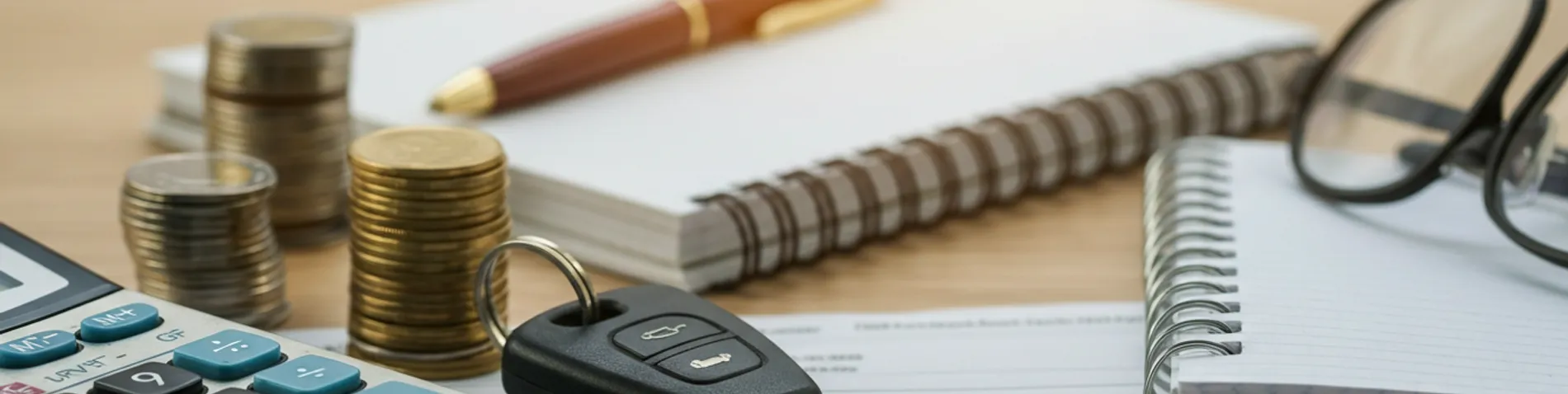 Calculadora, llaves de coche y monedas sobre una mesa con un cuaderno de cuentas