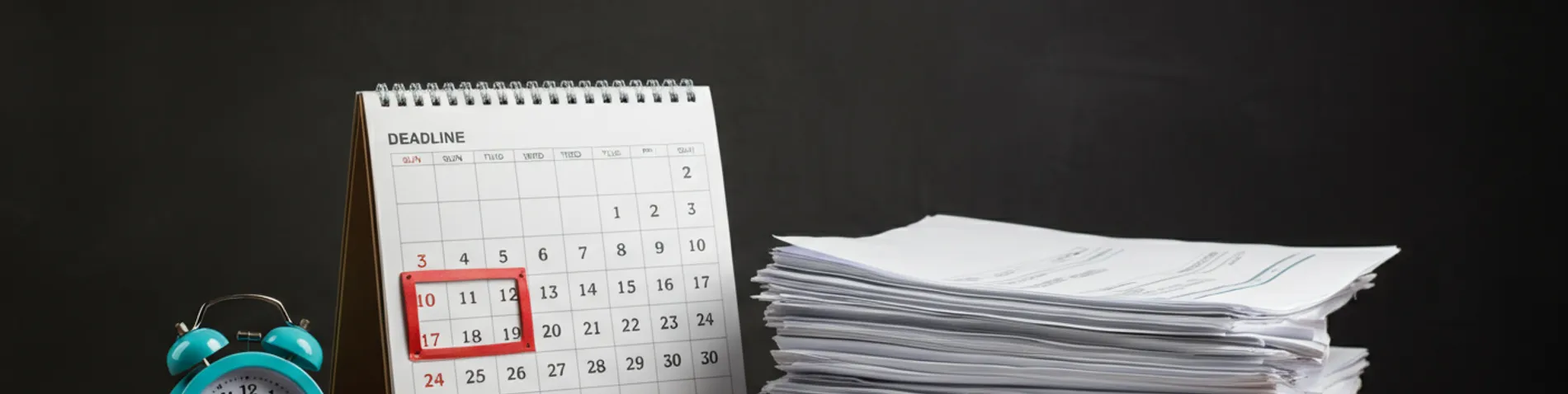 Calendario con fecha límite marcada en rojo, facturas y documentos apilados sobre una mesa