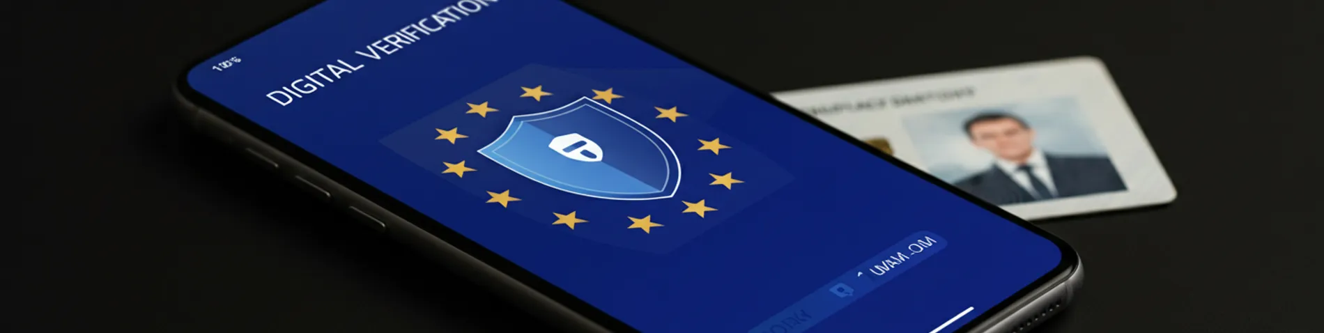 Smartphone mostrando una app de verificación de identidad digital con un escudo de privacidad, en tonos azules de la Unión Europea