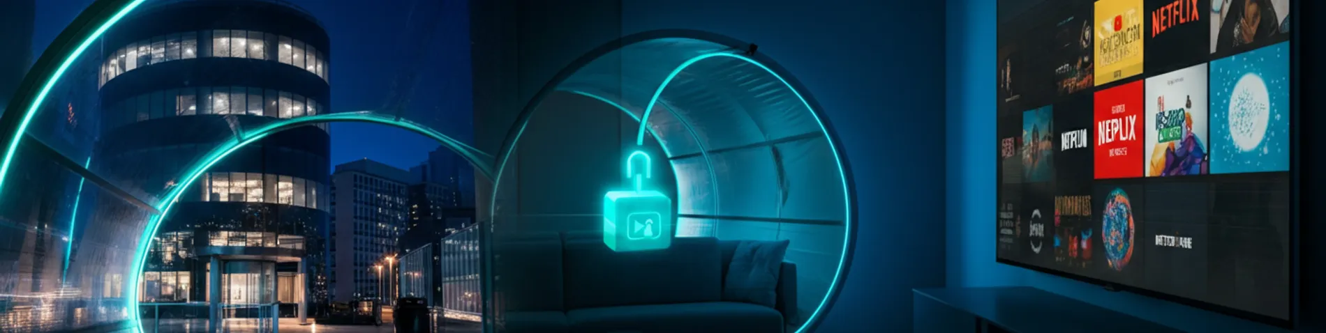 Túnel de fibra óptica cifrada conectando un edificio de oficinas con un televisor mostrando catálogos de streaming