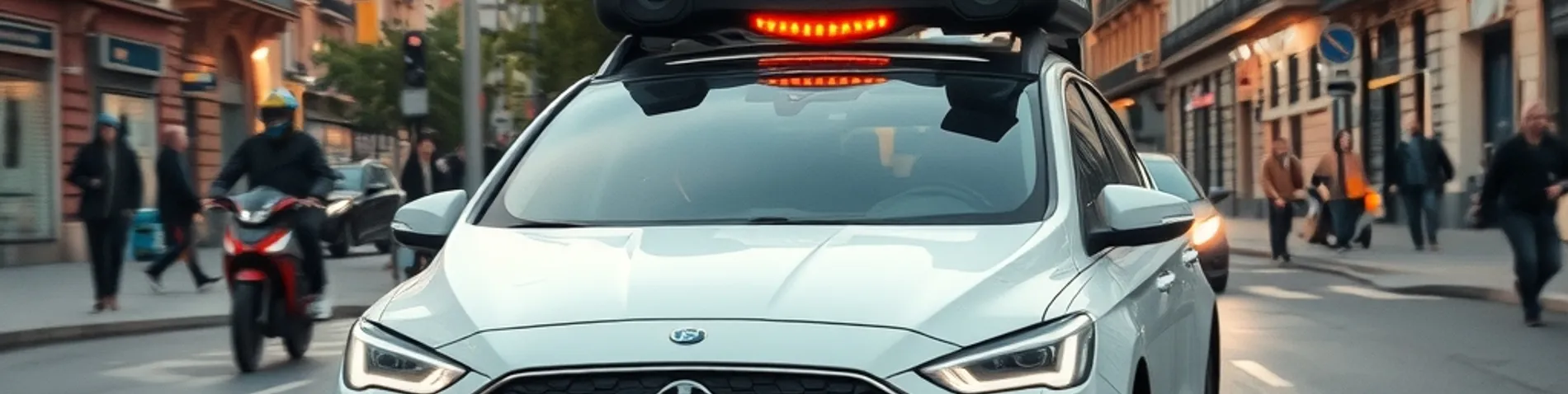 Coche eléctrico blanco con sensores en el techo circulando por una calle de Madrid