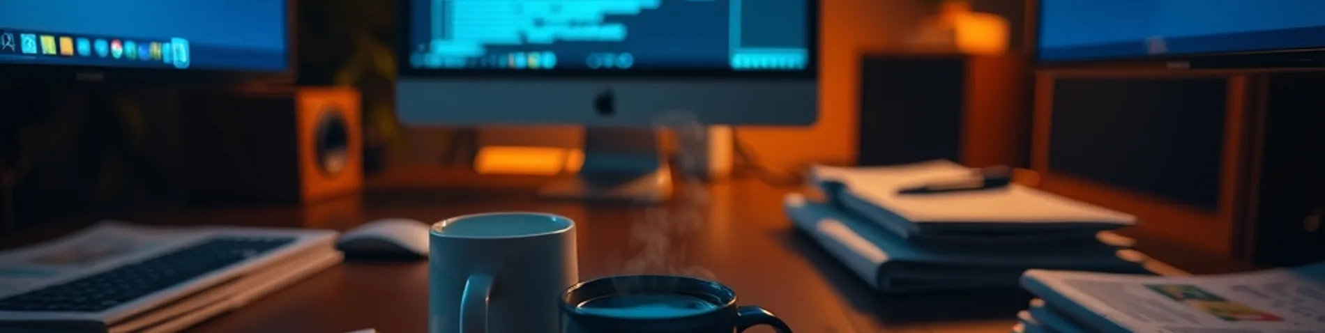 Escritorio de noche con monitores encendidos, prensa apilada y un café