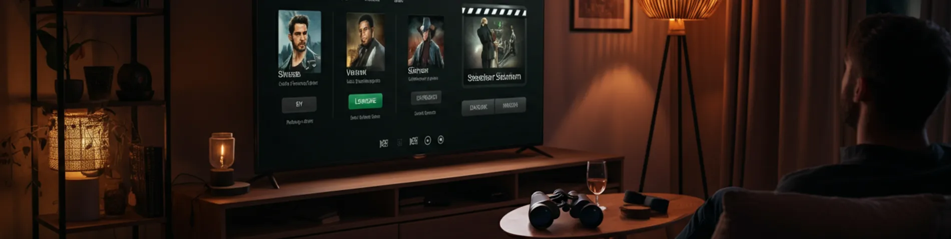 Pantalla de televisor en sala oscura con interfaz de reproducción