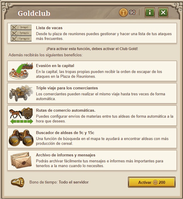 Ventajas de Gold Club: evasión de tropas bajo ataque, 3x viajes de comerciantes, rutas comerciales automáticas, buscador de granjas 9c y 15c, y archivo de mensajes e informes