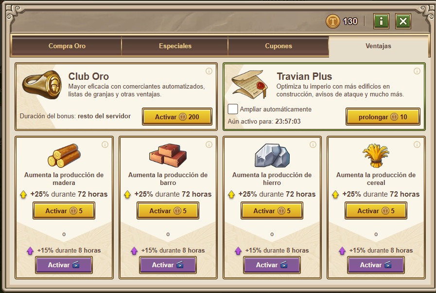 Bonificaciones de Travian Plus: +25% producción de recursos, funciones adicionales del juego, tienda de objetos y protección premium