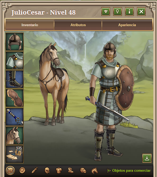 Inventario del héroe romano en Travian: recursos, pergaminos, cascos, armaduras, armas y botas